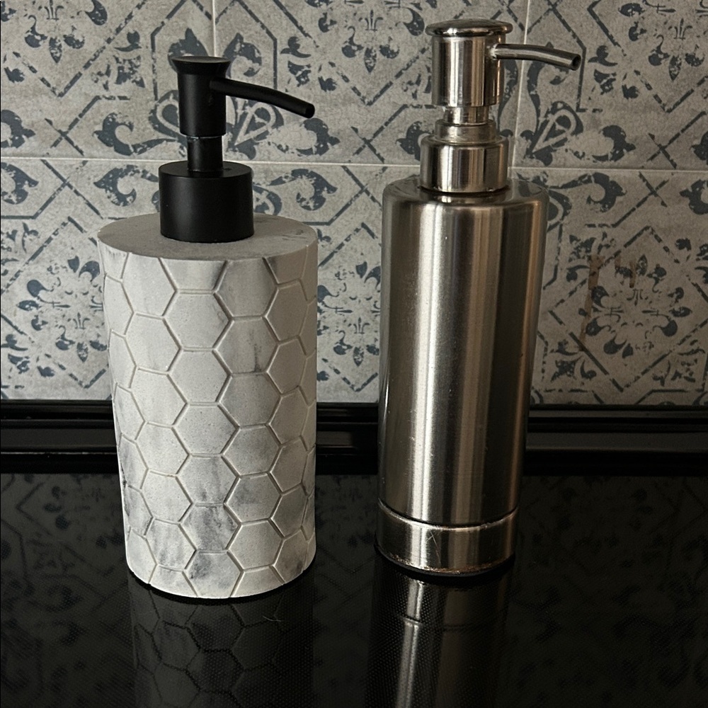 Stainless Steel and Gray Ceramic Soap Dispenser Set. GUC
